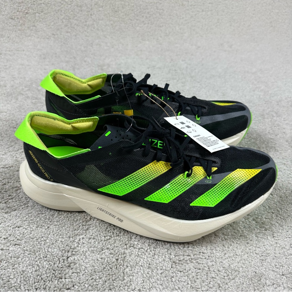 Adizero Adios Pro 3 Shoes Mens Size 12 Black Solar Green Running Walking Sneaker